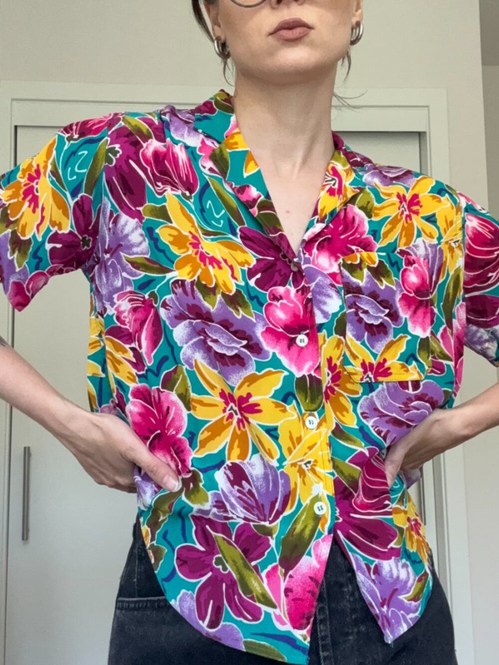Vintage Christian Dior Petites Bright Floral Short Sleeve Blouse